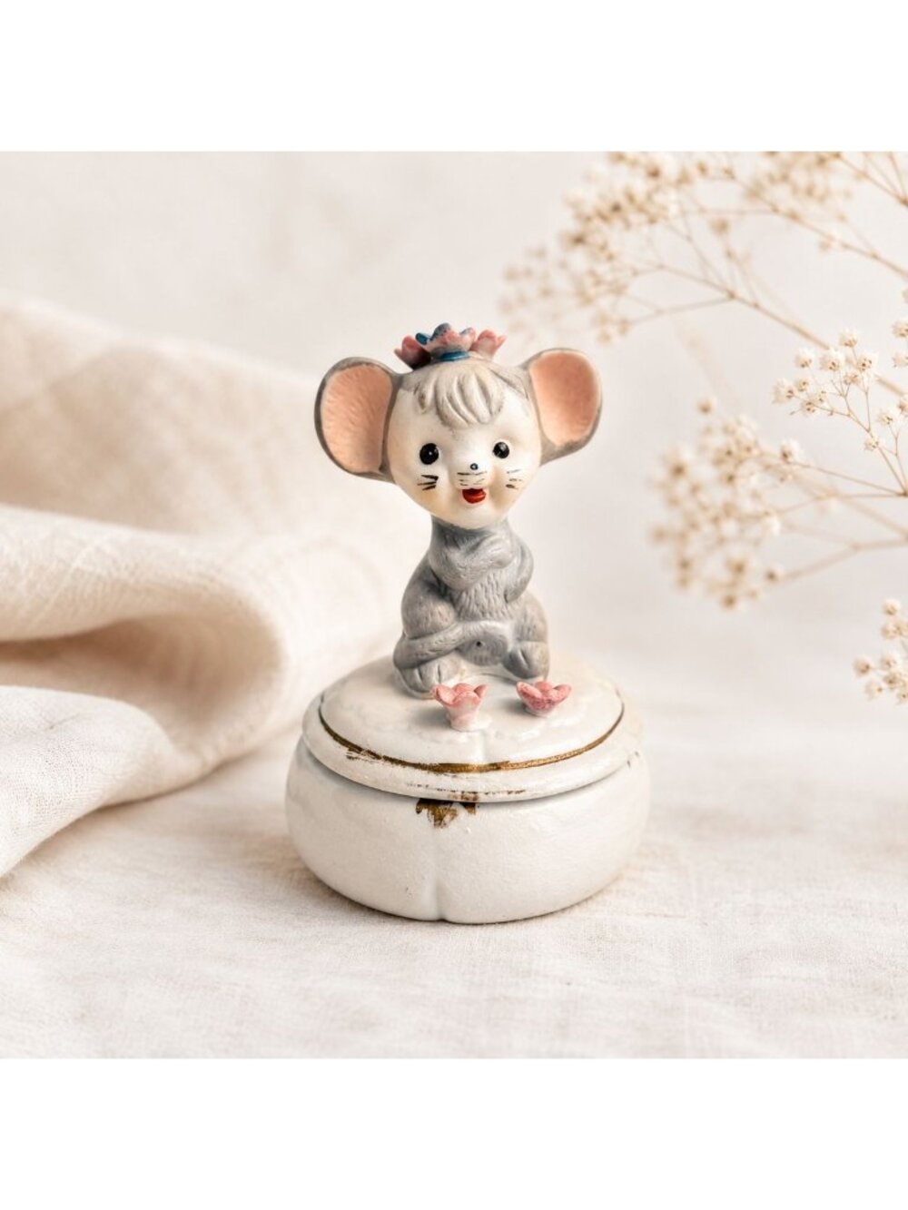 Napcoware Anthropomorphic Mouse Trinket Box VTG Animal MCM Kitsch Vanity Decor